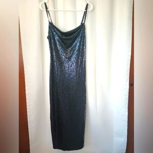 Bebe Y2K All Over Sequin Slip Dress Medium Black Side Slit Glam Sexy Swiftie